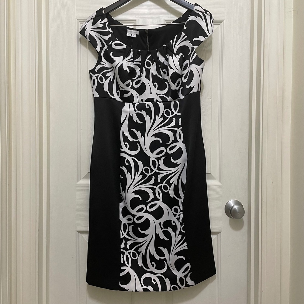 NEW London Times Sheath Dress Black & White Scroll Print Knee Length Party Sz 14